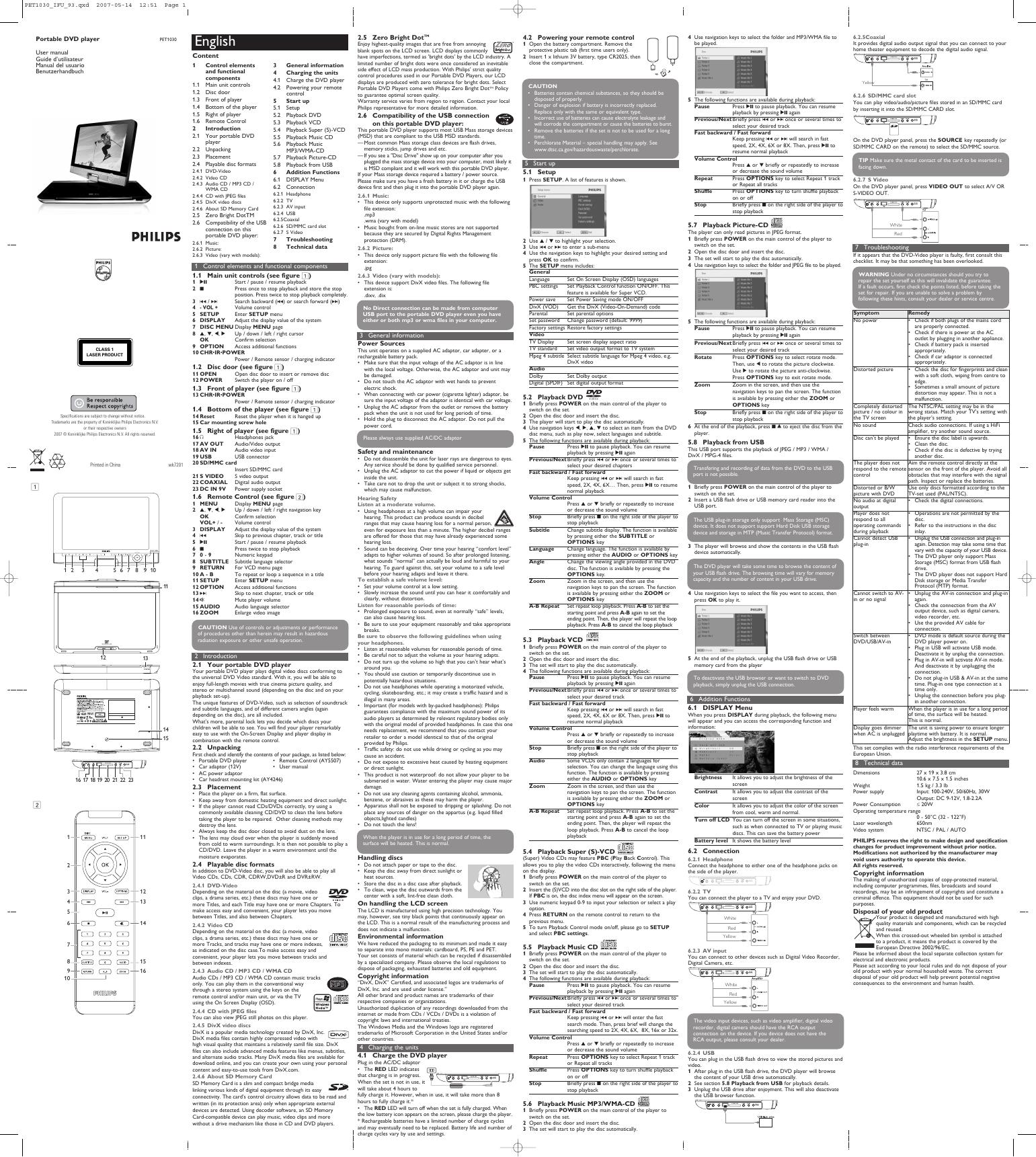 PHILIPS 便捷式DVD播放器 PET1030 用户手册