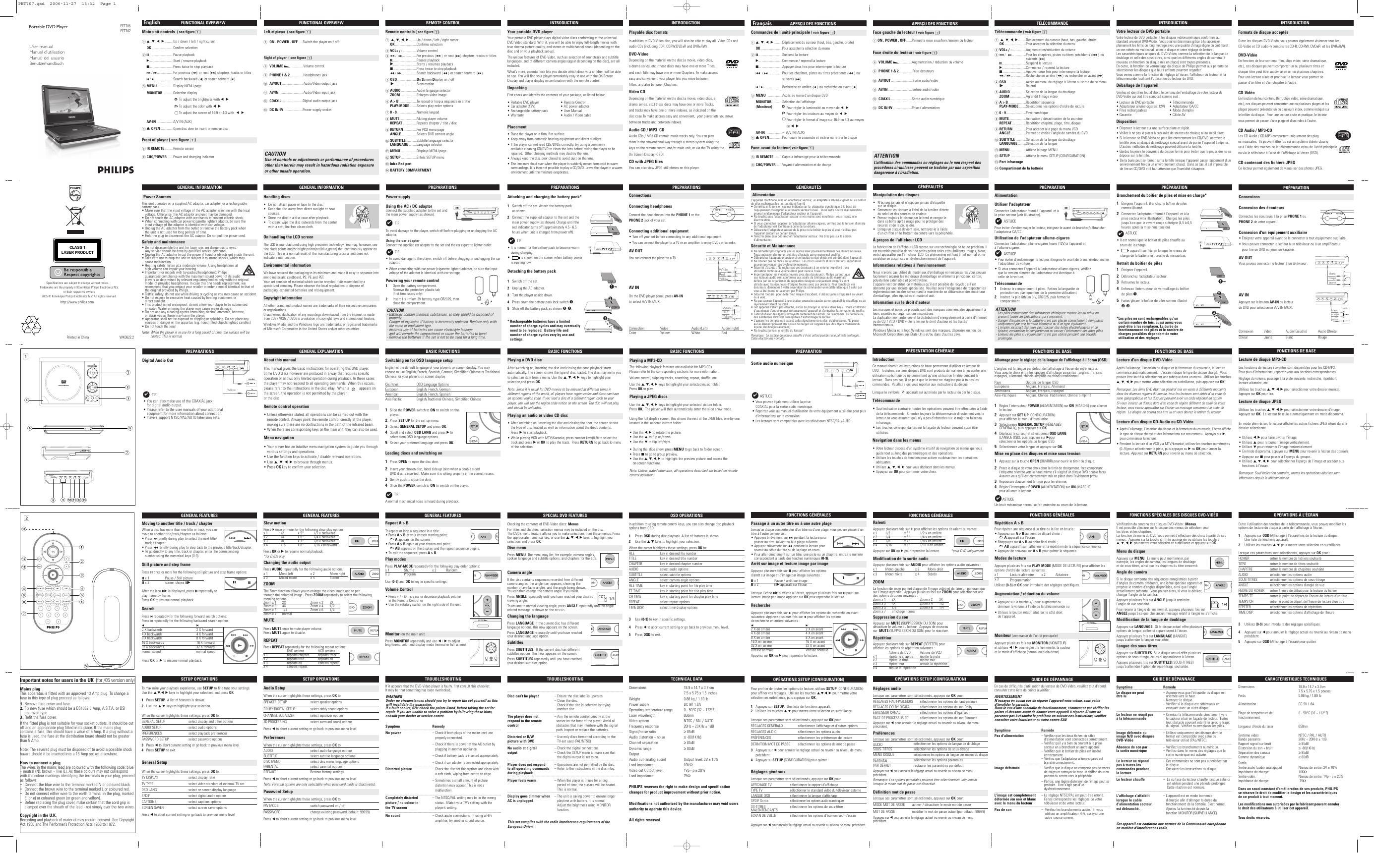 PHILIPS 便捷式DVD播放器 PET707 PET706 用户手册