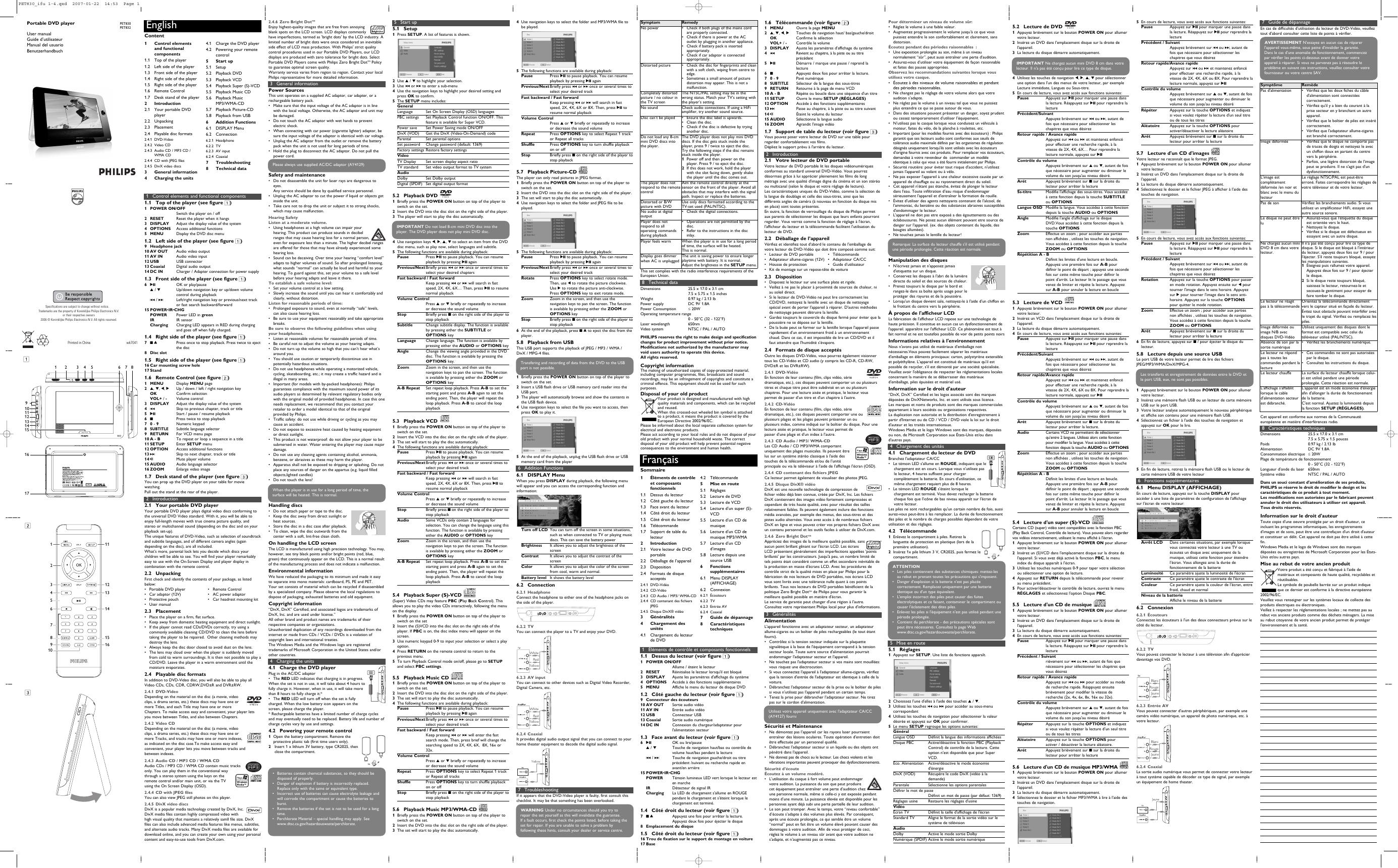 飞利浦 PET830/ PET832 Portable DVD player 用户手册