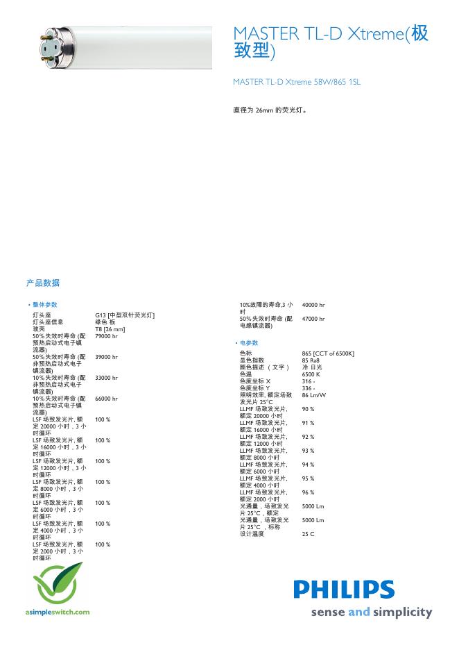 PHILIPS MASTER TL-D Xtreme(极 致型)MASTER TL-D Xtreme 58W/865 1SL 用户手册