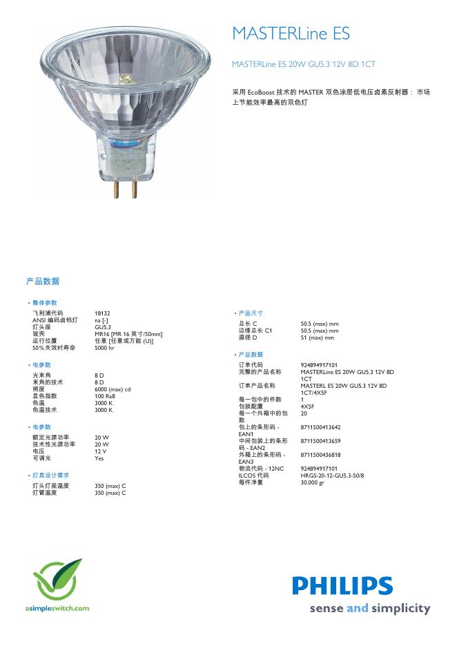 PHILIPS MASTERLine ES MASTERLine ES 20W GU5.3 12V 8D 1CT 用户手册