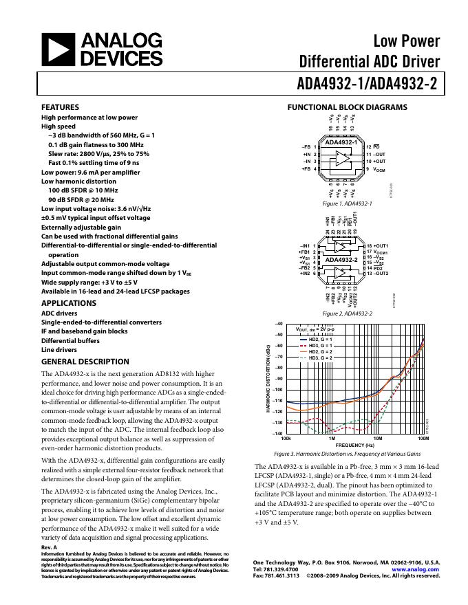 ANALOG DEVICES ADA4932-1/ADA4932-2 数据手册