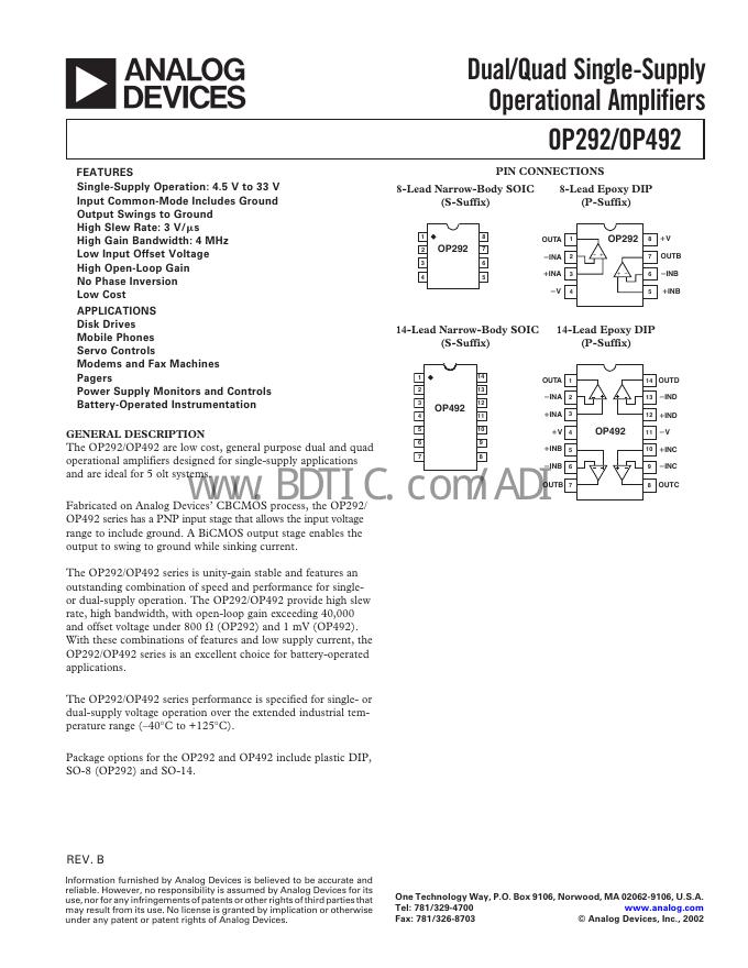 ANALOG DEVICES OP292/OP492 数据手册