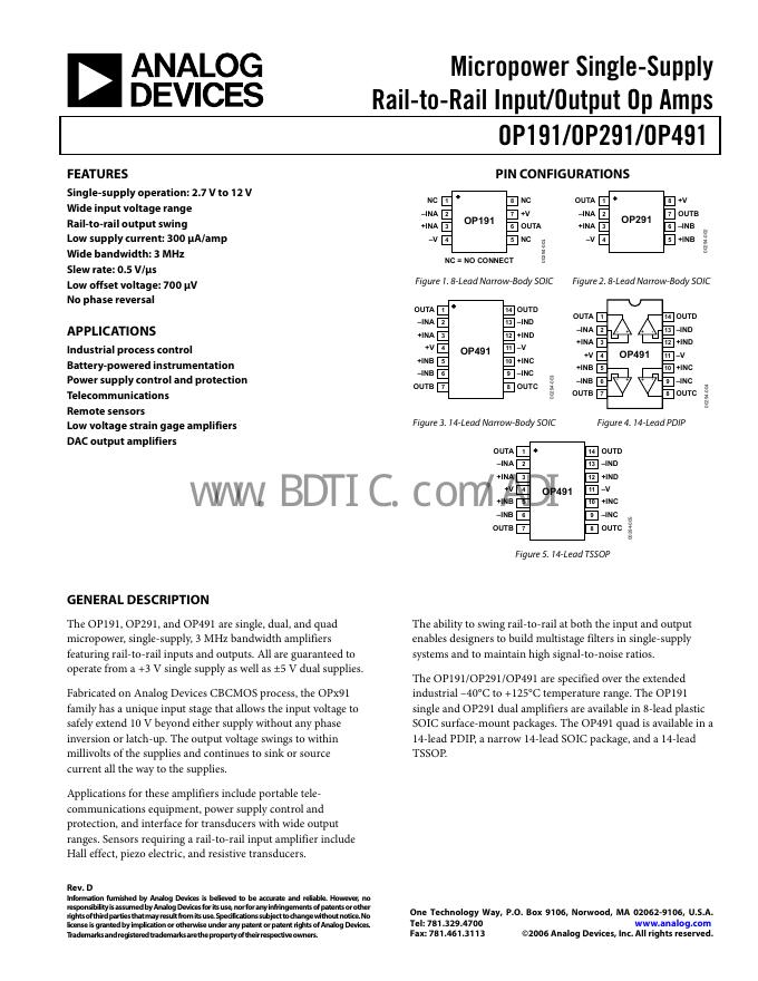 ANALOG DEVICES Micropower Single-Supply Rail-to-Rail Input/Output Op Amps OP191/OP291/OP491 数据手册