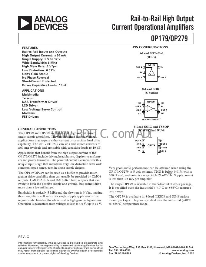 ANALOG DEVICES Rail-to-Rail High Output Current Operational Amplifiers OP179/OP279 数据手册