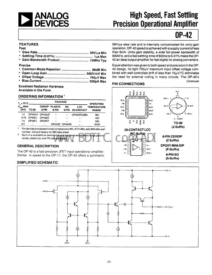 ANALOG DEVICES ADC运算放大器系列OP42 数据手册