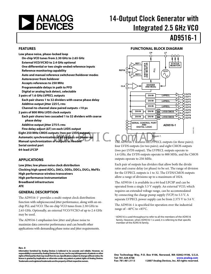 ANALOG DEVICES AD9516-1 数据手册
