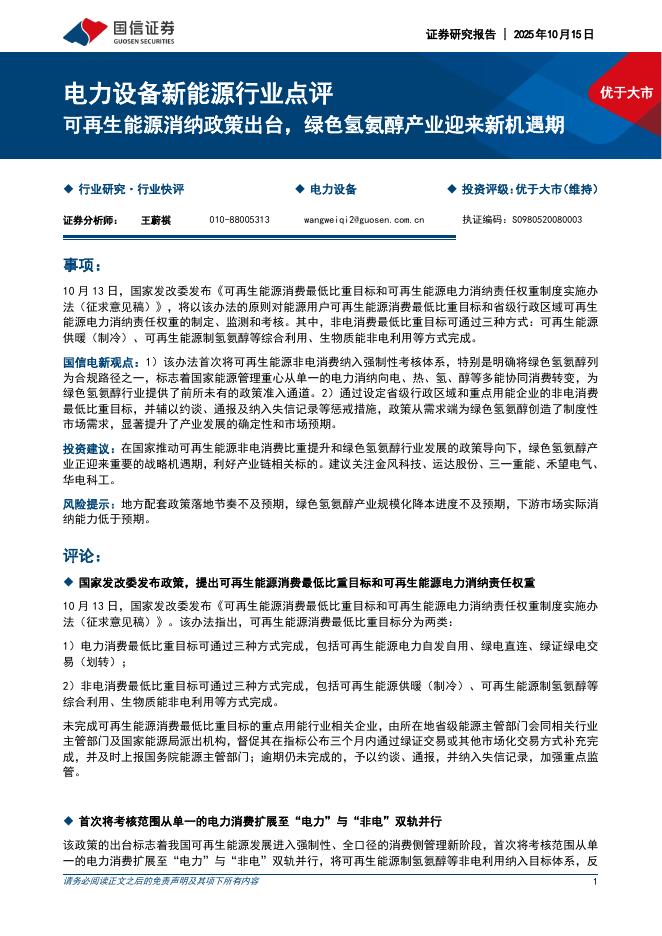 国信证券：电力设备新能源行业点评：可再生能源消纳政策出台，绿色氢氨醇产业迎来新机遇期海报