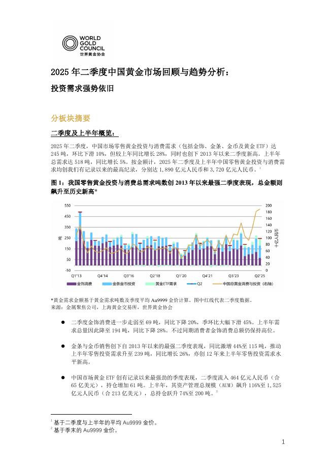 世界黄金协会：2025年二季度中国黄金市场回顾与趋势分析报告：投资需求强势依旧