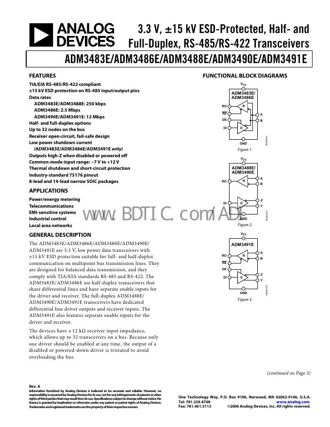 ANALOG DEVICES ADM3483E/ADM3486E/ADM3488E/ADM3490E/ADM3491E 数据手册
