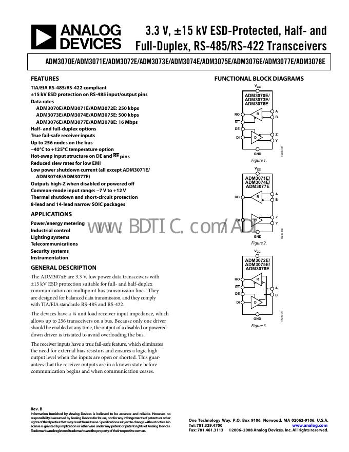 ANALOG DEVICES ADM3070E/ADM3071E/ADM3072E/ADM3073E/ADM3074E/ADM3075E/ADM3076E/ADM3077E/ADM3078E 数据手册
