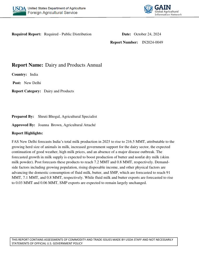 美国农业部（USDA）：2024年印度乳制品市场年度报告（英文版）海报