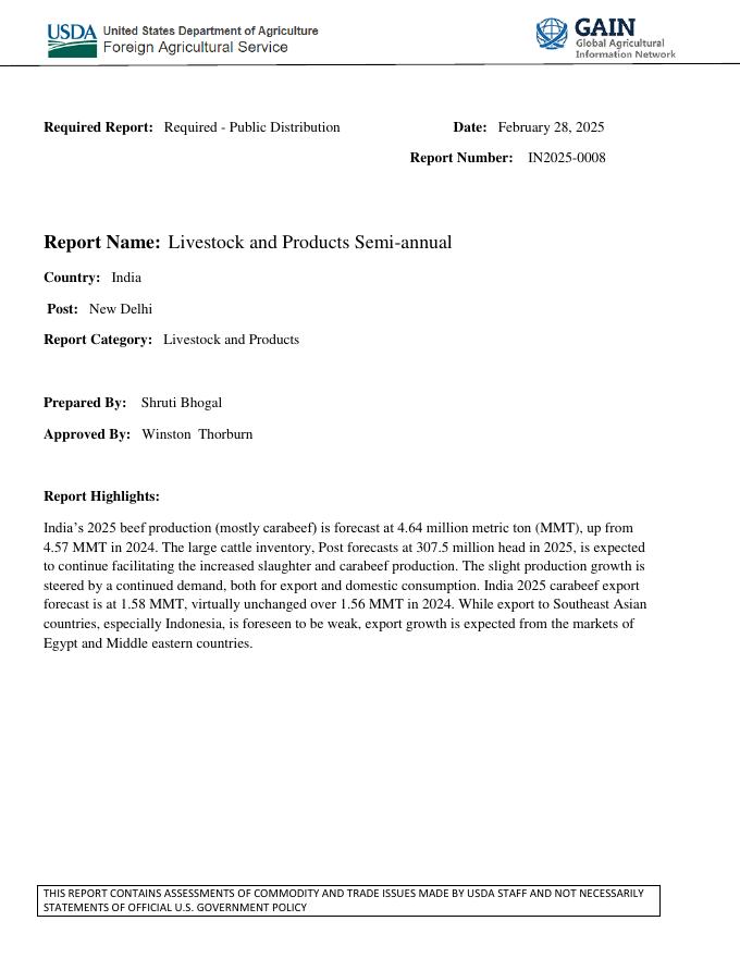 美国农业部（USDA）：2025年印度半年度牲畜和产品报告（英文版）海报