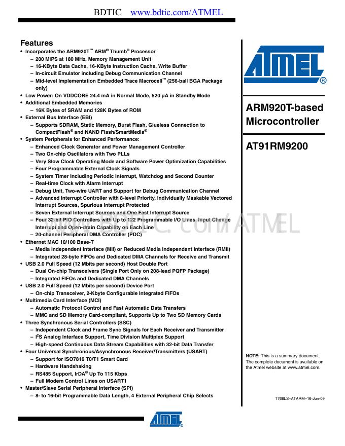 ATMEL AT91RM9200 数据手册