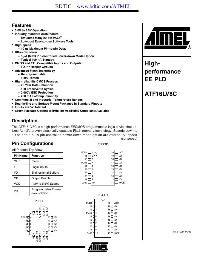 ATMEL 爱特梅尔PLD可编程逻辑器件ATF16LV8C 数据手册
