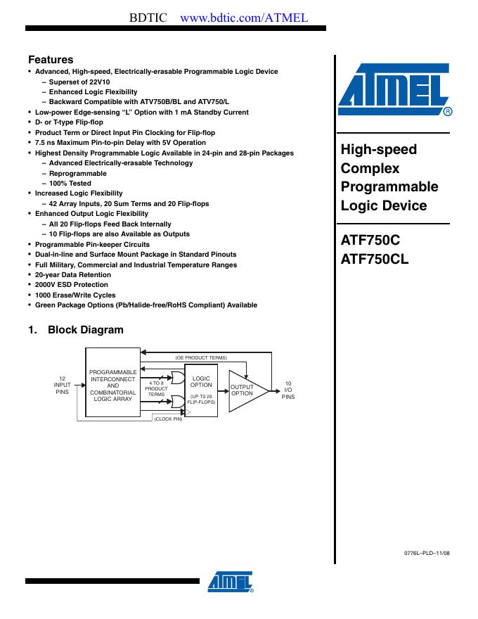 ATMEL 爱特梅尔PLD可编程逻辑器件ATF750CL 数据手册