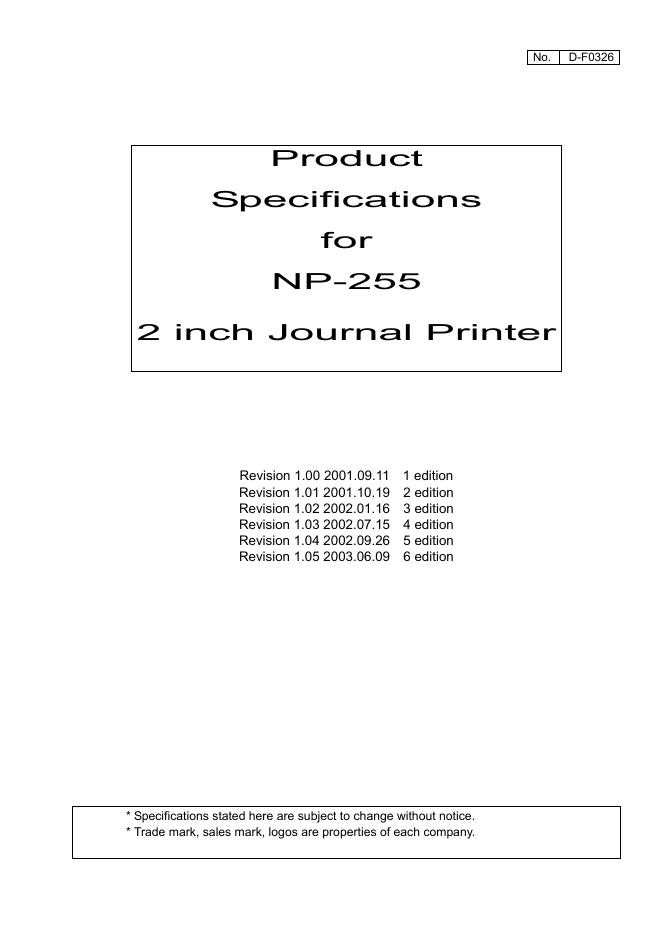 NP-255 2 inch Journal Printer 规格手册