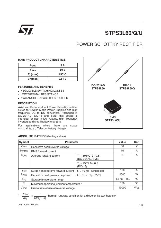 STMICROELECTRONICS - STPS3L60/Q/U 数据手册