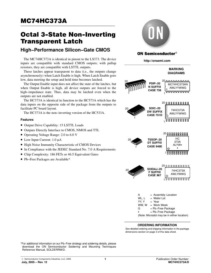 ON SEMICONDUCTOR MC74HC373A 数据手册