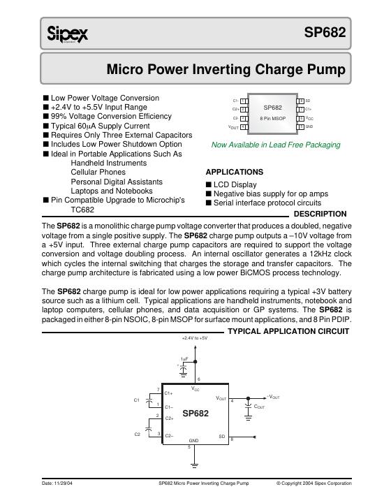 Sipex SP682 Micro Power Inverting Charge Pump 数据手册