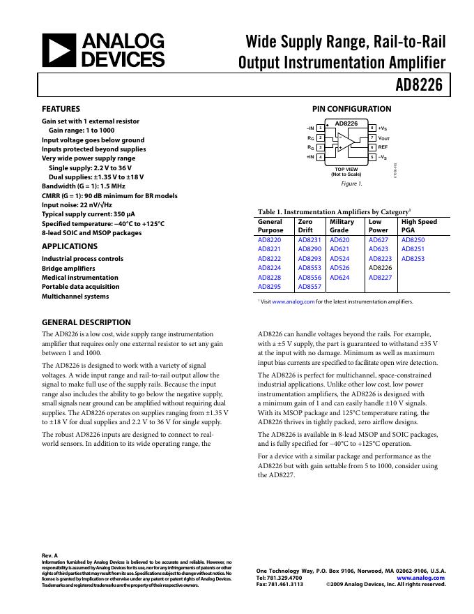 ANALOG DEVICES Wide Supply Range, Rail-to-Rail Output Instrumentation Amplifier AD8226 数据手册