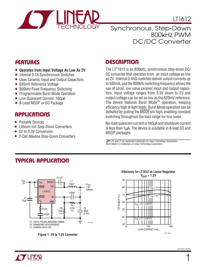 LINEAR TECHNOLOGY LT1612 Synchronous, Step-Down 800kHz PWM DC/DC Converter 数据手册