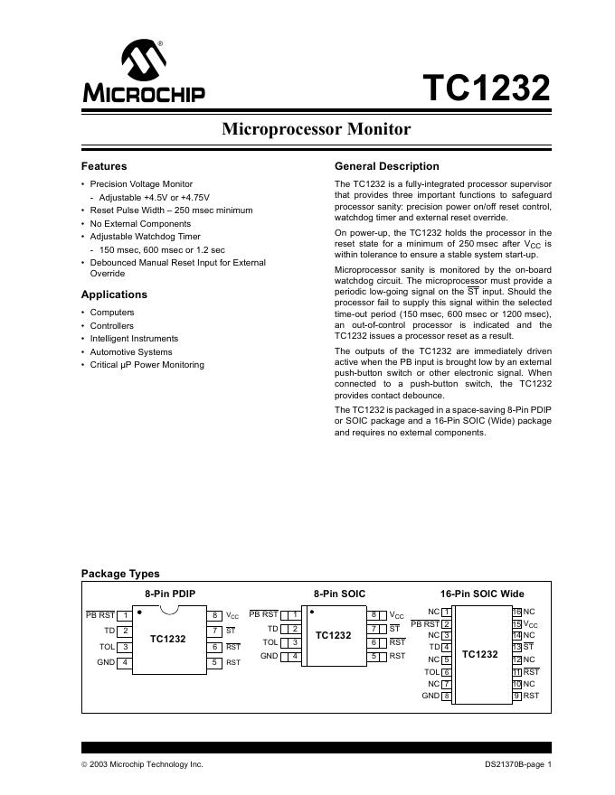 MICROCHIP TC1232 Microprocessor Monitor 数据手册