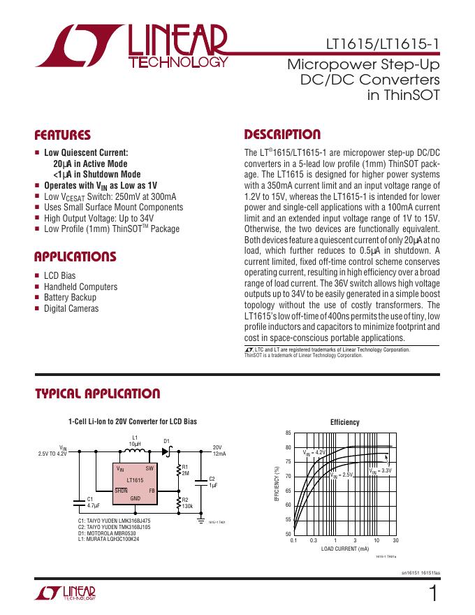 LINEAR TECHNOLOGY LT1615/LT1615-1 Micropower Step-Up DC/DC Converters in ThinSOT 数据手册