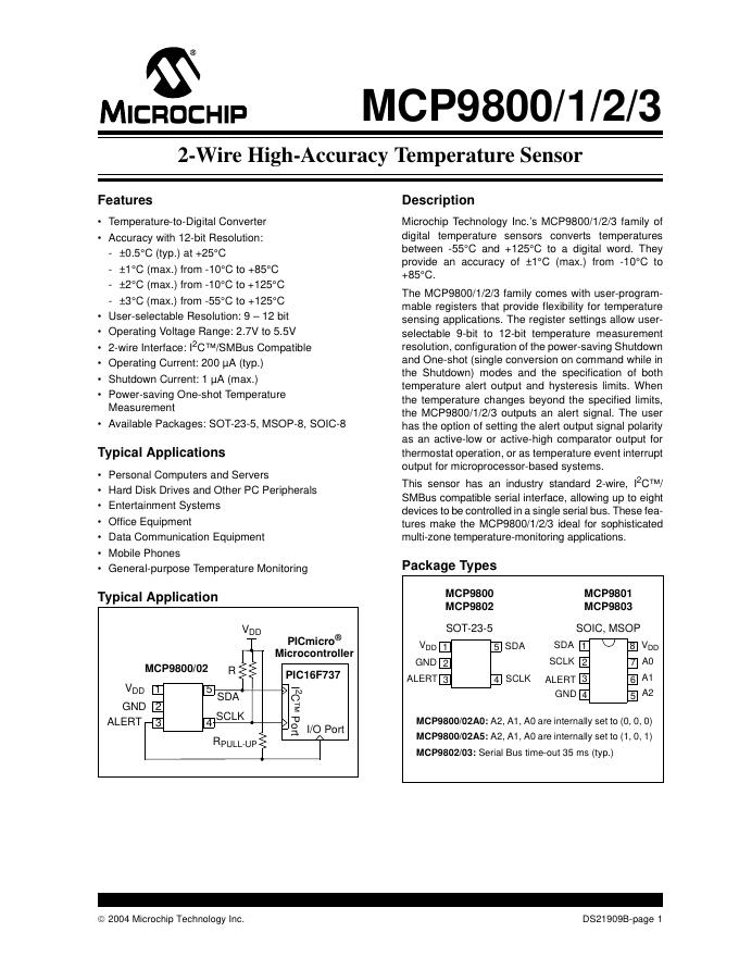 MICROCHIP MCP9800/1/2/3 数据手册