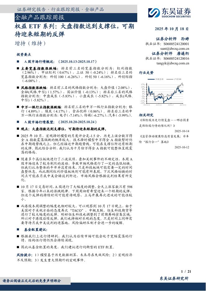 东吴证券：金融产品跟踪周报：权益ETF系列：大盘指数达到支撑位，可期待迎来短期的反弹海报