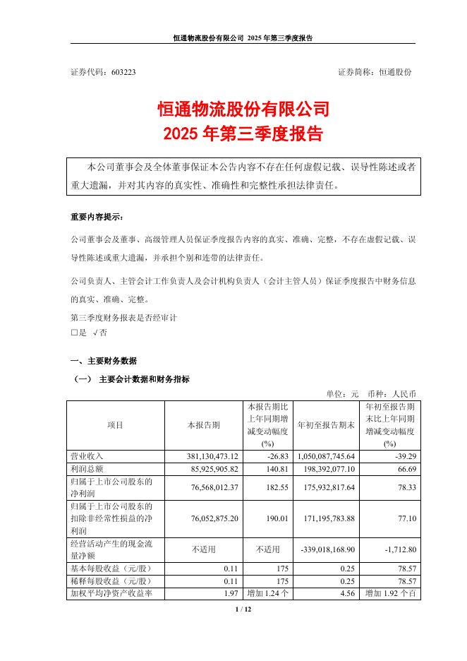 603223-恒通股份：恒通<em>物流</em>股份有限公司2025年第三季度报告