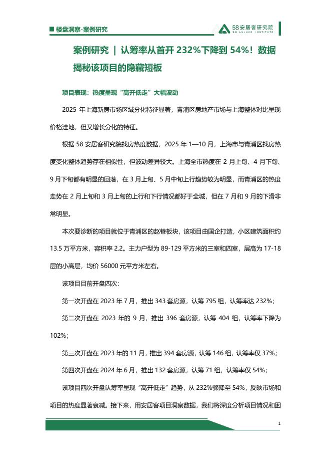 58安居客研究院：案例研究 | 认筹率从首开 232%下降到 54%！数据揭秘该项目的隐藏短板海报