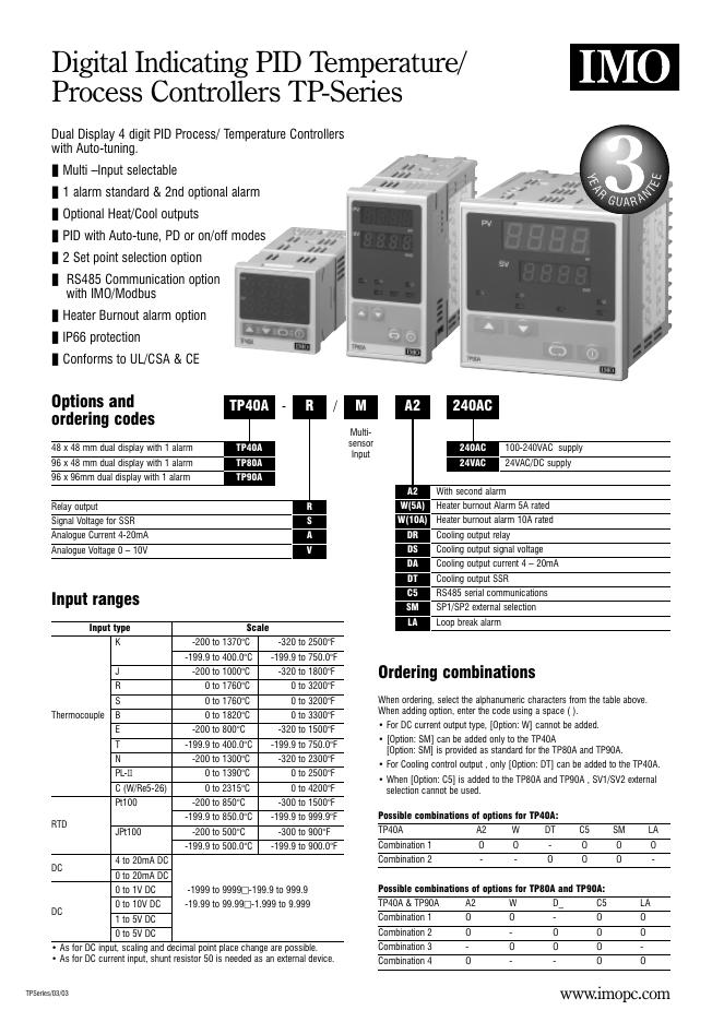 IMO TP-Series Digital Indicating PID Temperature/ Process Controllers 数据手册