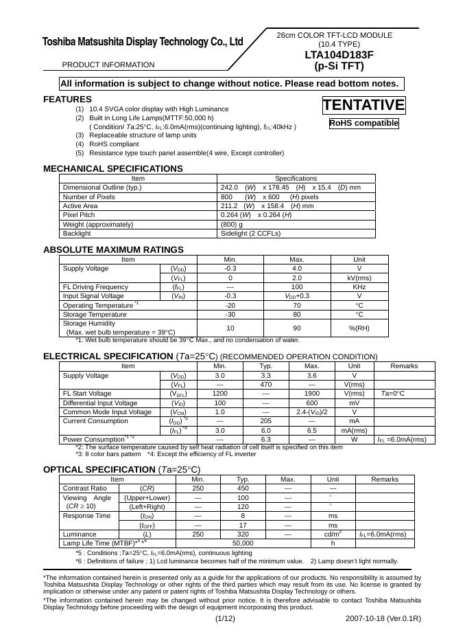 TOSHIBA LTM08C351S 数据手册(1)(1)