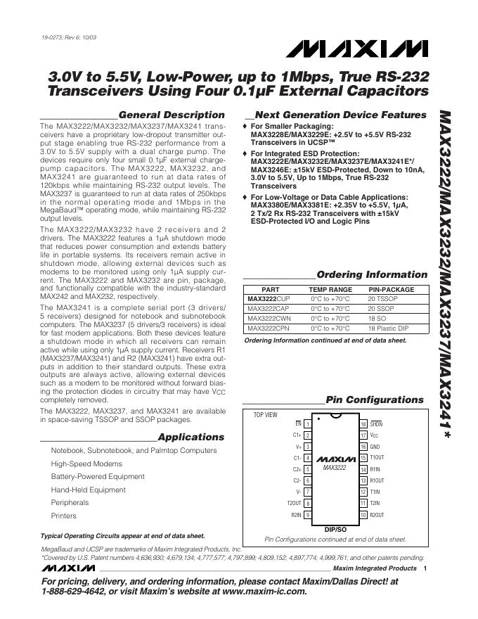 MAXIM MAX3222/MAX3232/MAX3237/MAX3241*数据手册