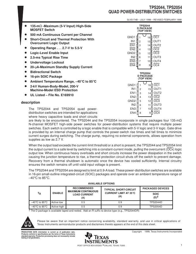 TEXAS INSTRUMENTS TPS2044, TPS2054 QUAD POWER-DISTRIBUTION SWITCHES 使用手册