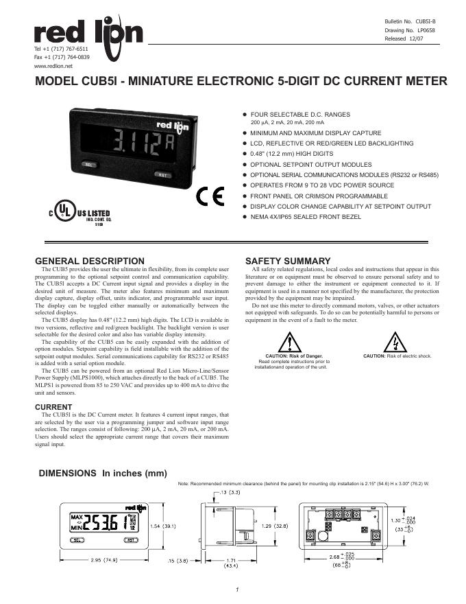 RED LION CONTROLS CUB5I - MINIATURE ELECTRONIC 5-DIGIT DC CURRENT METER 使用手册
