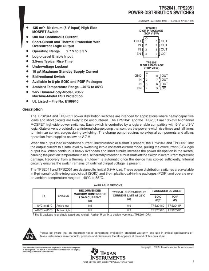 TEXAS INSTRUMENTS TPS2041, TPS2051 数据手册