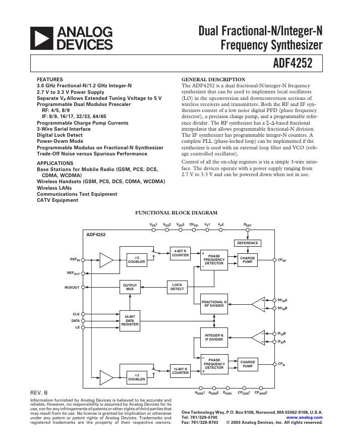 ANALOG DEVICES ADF4252 英文产品 数据手册 Rev B