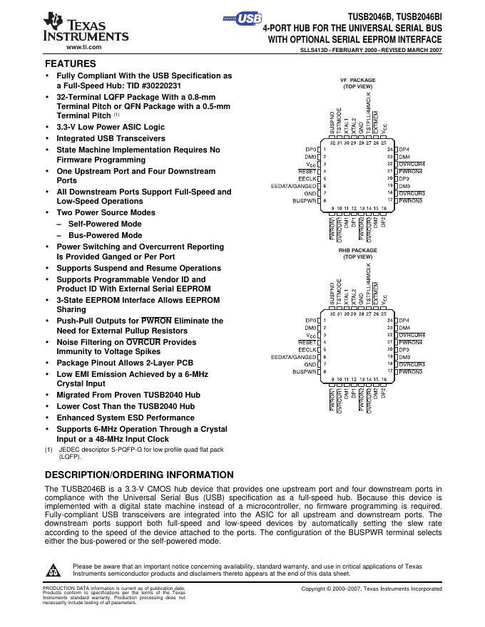 TEXAS INSTRUMENTS TUSB2046B, TUSB2046BI 数据手册