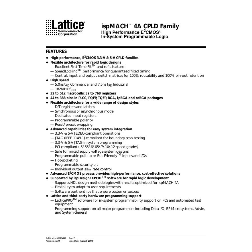 Lattice ispMACH 4A CPLD Family 数据手册