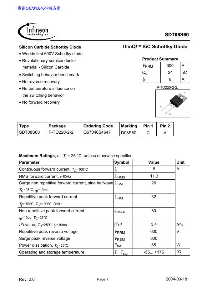 infineon SDT08S60 数据手册