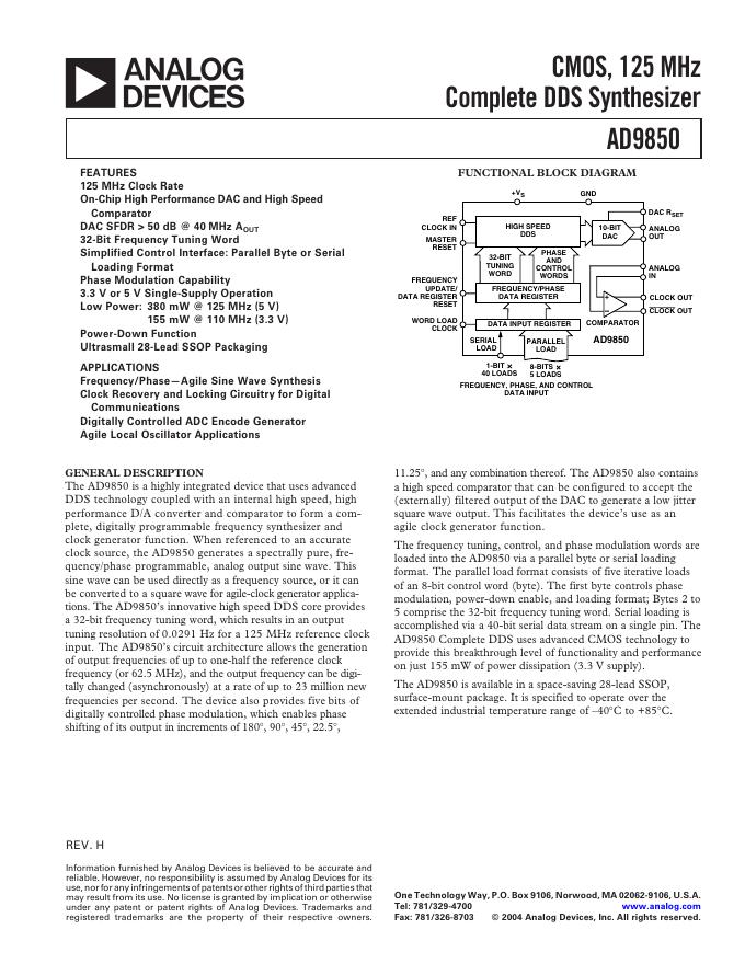 ANALOG DEVICES AD9850 英文产品 数据手册 Rev H
