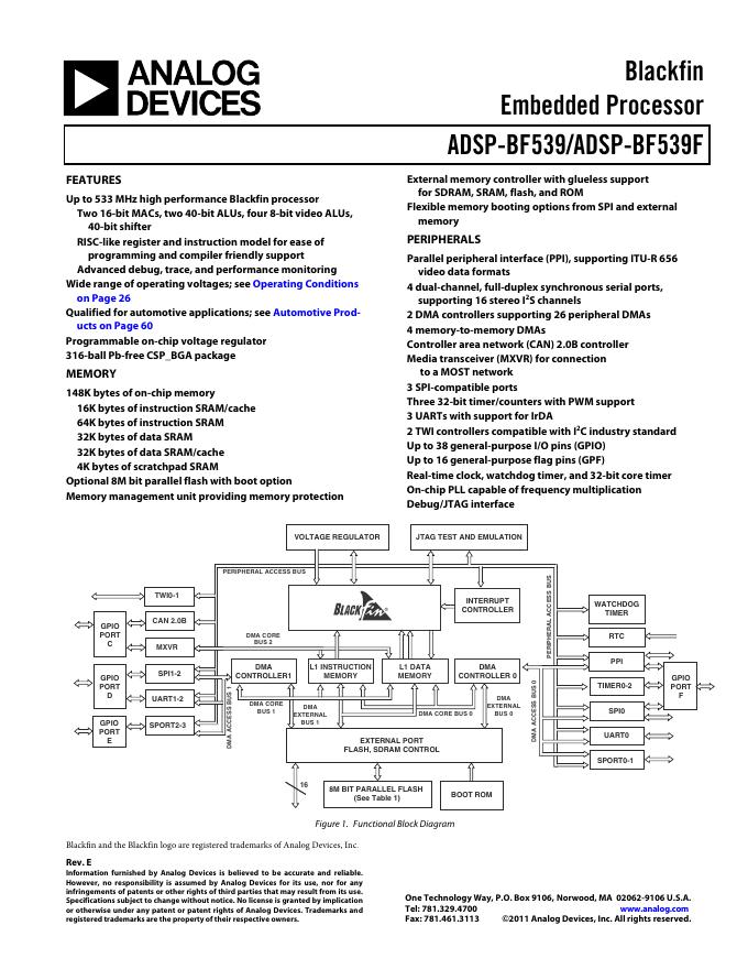 ANALOG DEVICES ADSP-BF539/ADSP-BF539F 英文产品 数据手册 Rev E