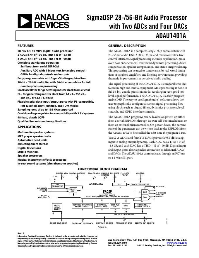ANALOG DEVICES ADAU1401A 英文产品 数据手册 版本A