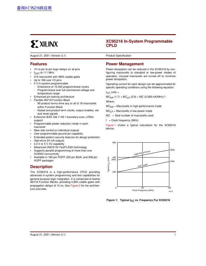 XILINX XC95216 In-System Programmable CPLD 数据手册