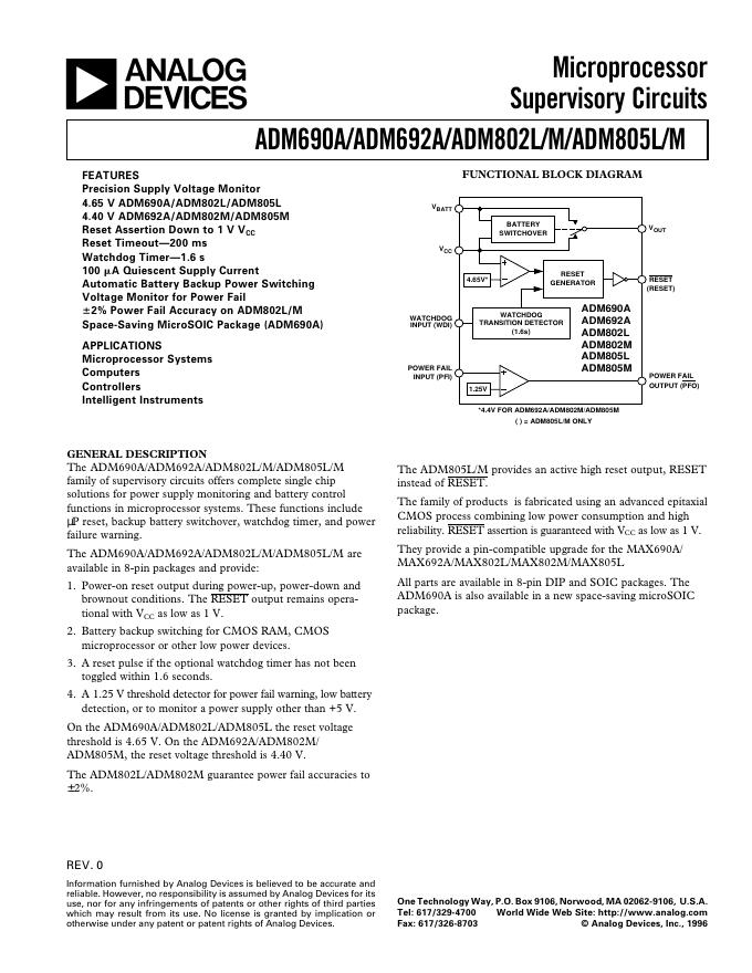 ANALOG DEVICES ADM690A 英文产品数据手册 Rev 0