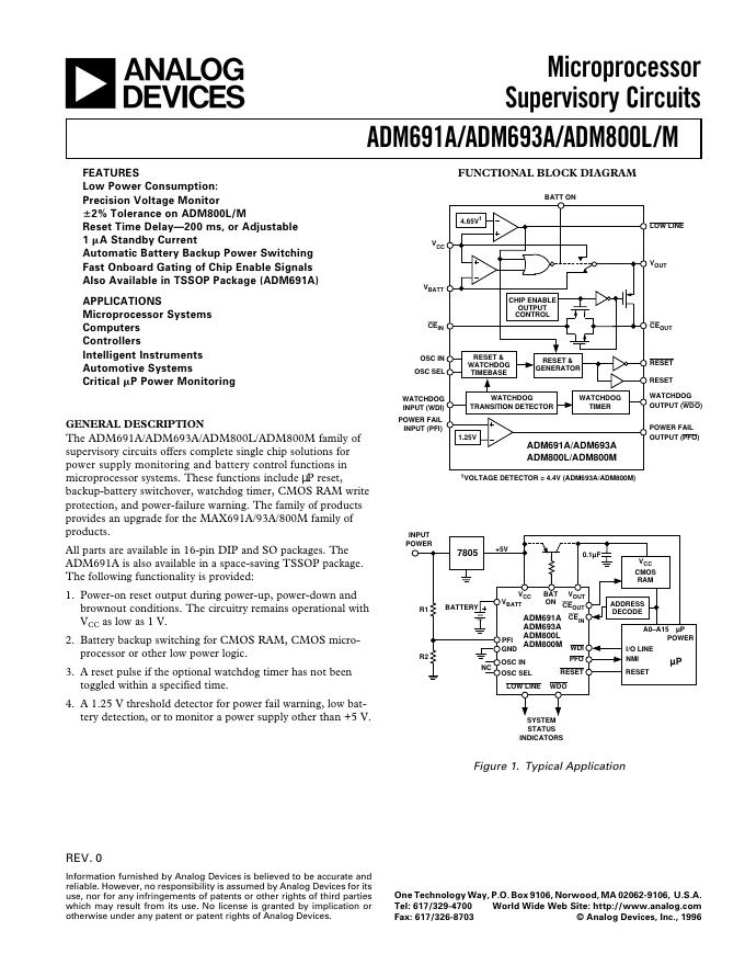 ANALOG DEVICES ADM691A/ADM693A/ADM800L/M 英文产品 数据手册 Rev 0