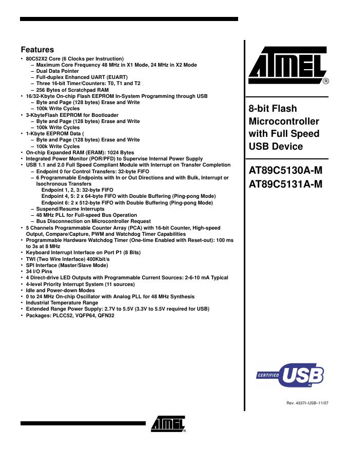 ATMEL 8-bit Flash Microcontroller with Full Speed USB Device AT89C5130A-M AT89C5131A-M 数据手册
