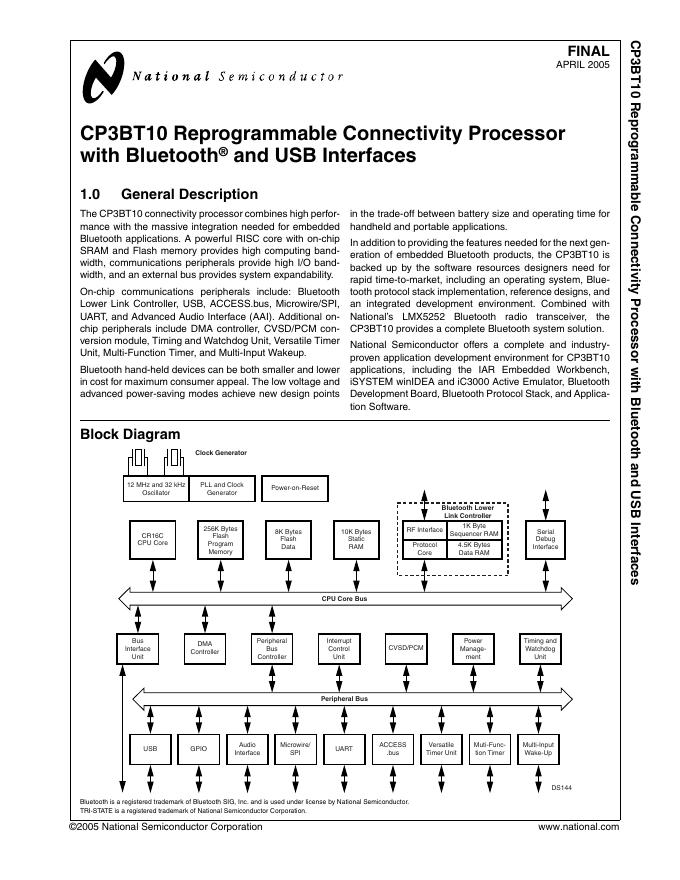 National Semiconductor CP3BT10 Reprogrammable Connectivity Processor with Bluetooth and USB Interfaces 数据手册(1)(1)